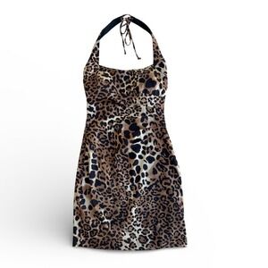 Caché Cheetah Leopard Print Halter Mini Dress Size 10 Y2K Mob Luxe Office Siren